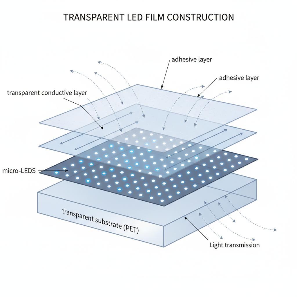 Schéma de principe de la structure en couches d'un film LED transparent