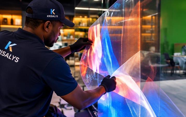Technicien KRISALYS appliquant un film LED transparent sur une surface vitrée